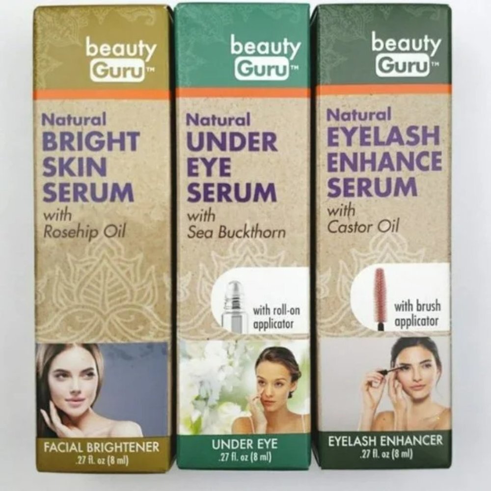 BEAUTY GURU TRIO Organic Eyelash Enhancer, Under Eye Serum & Bright Skin Serum